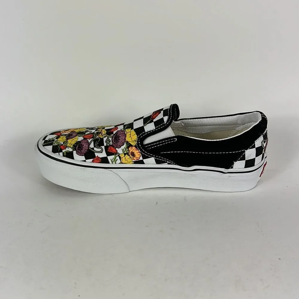 Vans black white floral multi classic slip on platform sneakers women’s 8_5